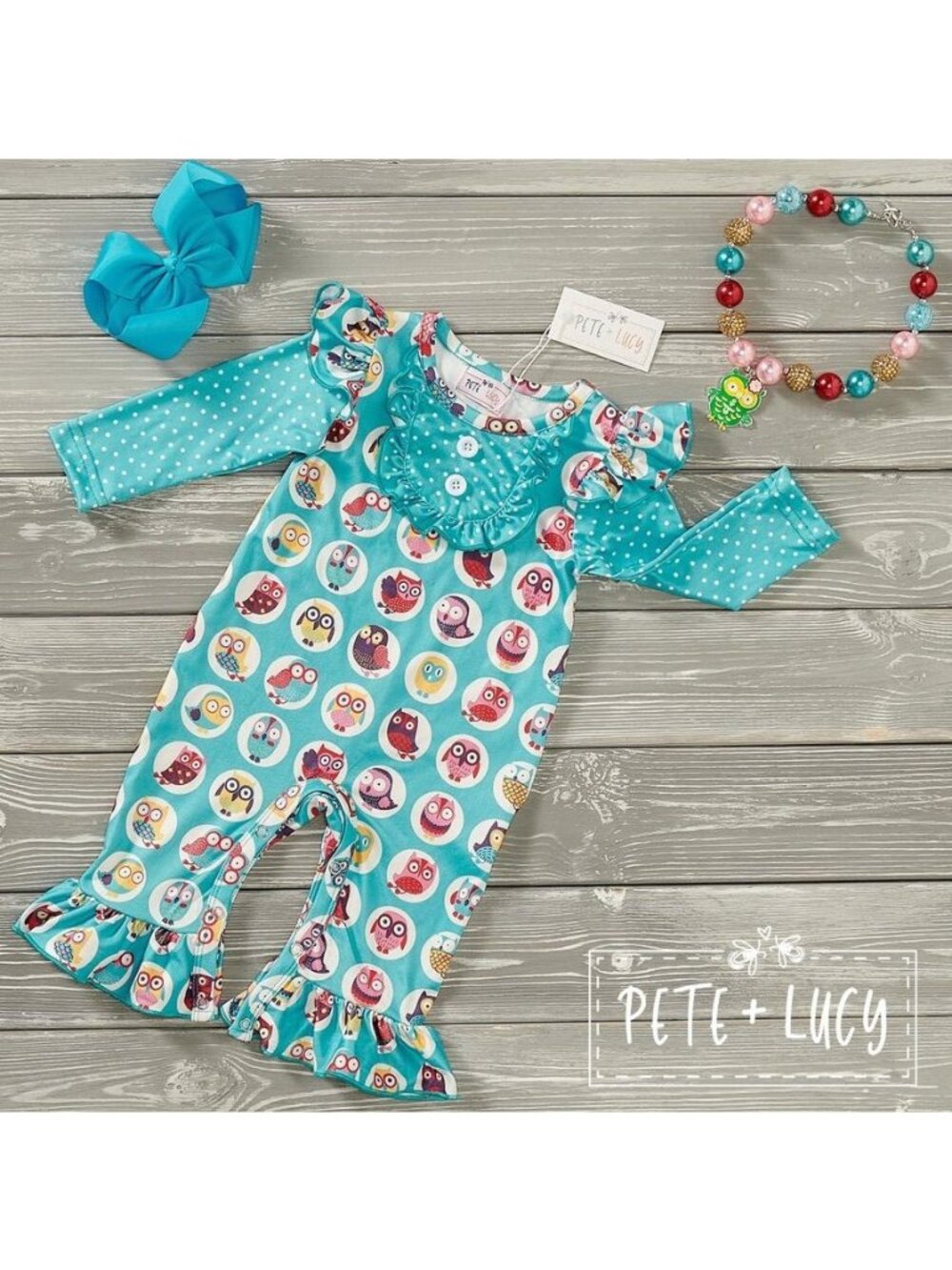 Pete + Lucy Romper 6-9 m Vibrant Owls Blue Ruffles Short Sleeve Girls Baby NEW